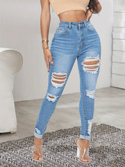 Ripped Stretchy Skinny Fit Jeans High Waist Denim Jeans