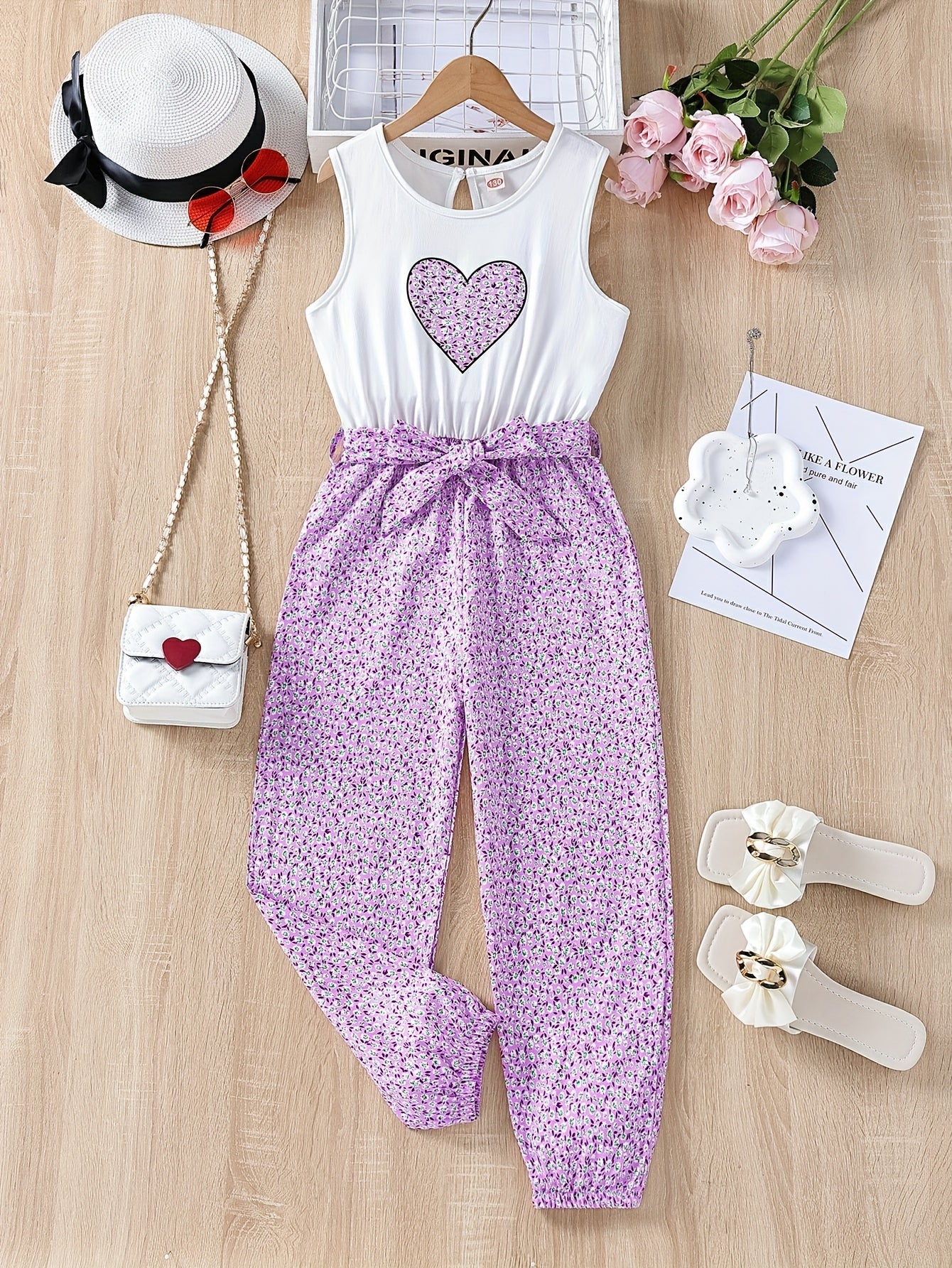 Girls Ditsy Heart Print Sleeveless Jumpsuit for Kids Summer