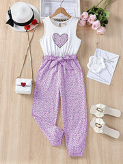 Girls Ditsy Heart Print Sleeveless Jumpsuit for Kids Summer