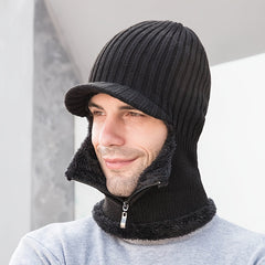 Winter Knitted Hat with Zipper Mask Velvet Thick Hat Scarf