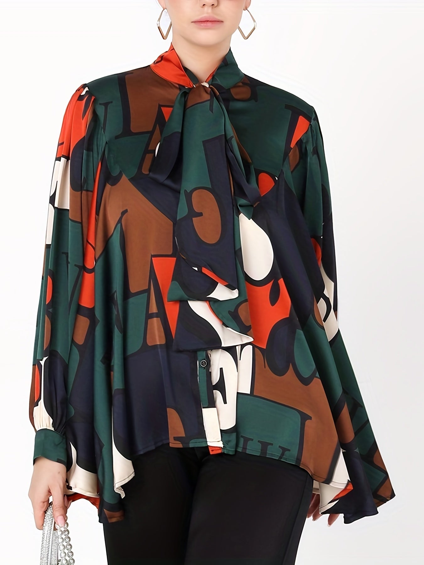 Women's Plus Colorblock Letter Print Lantern Sleeve Blouse
