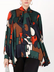 Women's Plus Colorblock Letter Print Lantern Sleeve Blouse