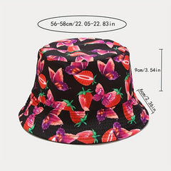 Strawberry Butterfly Print Bucket Hat Reversible Cartoon Fisherman Cap