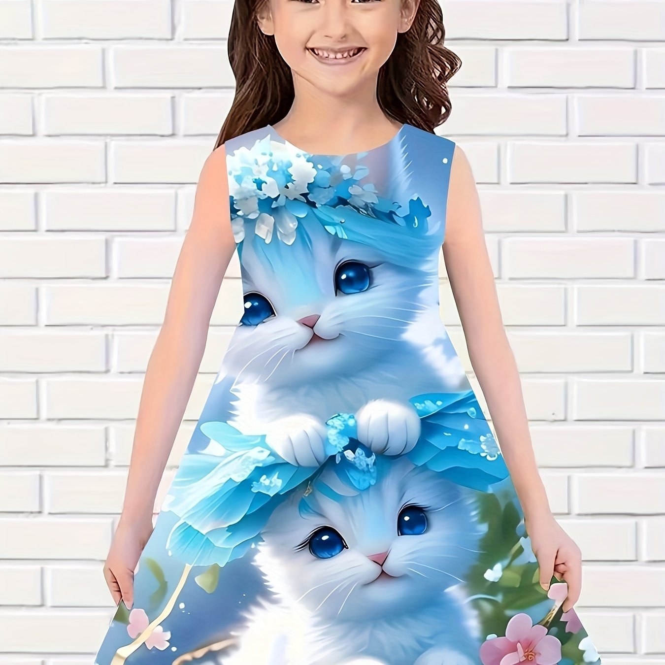 Girls Chubby Cat Sleeveless Dress Summertime Outdoor Outfit