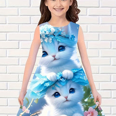 Girls Chubby Cat Sleeveless Dress Summertime Outdoor Outfit