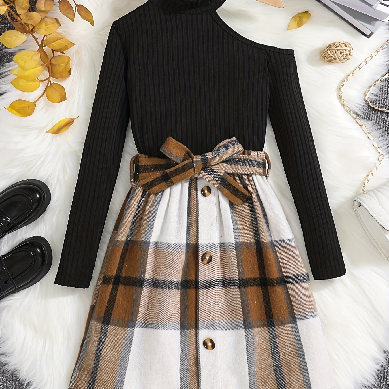 Girl's Ribbed Long Sleeve Top & Plaid Skirt Set Cutout Outfits