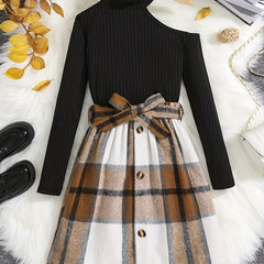 Girl's Ribbed Long Sleeve Top & Plaid Skirt Set Cutout Outfits