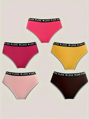 5 Pack Plus Size Panties Set Women's Plus Low Waist Ribbed Letter Tape