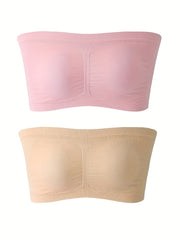 2 Pack Plus Size Tube Bra Set Women's Solid Wireless Removable Pad