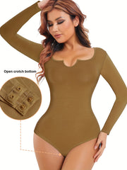 Seamless Solid Shaping Bodysuit Long Sleeve Tummy Control Slimming Body Shaper