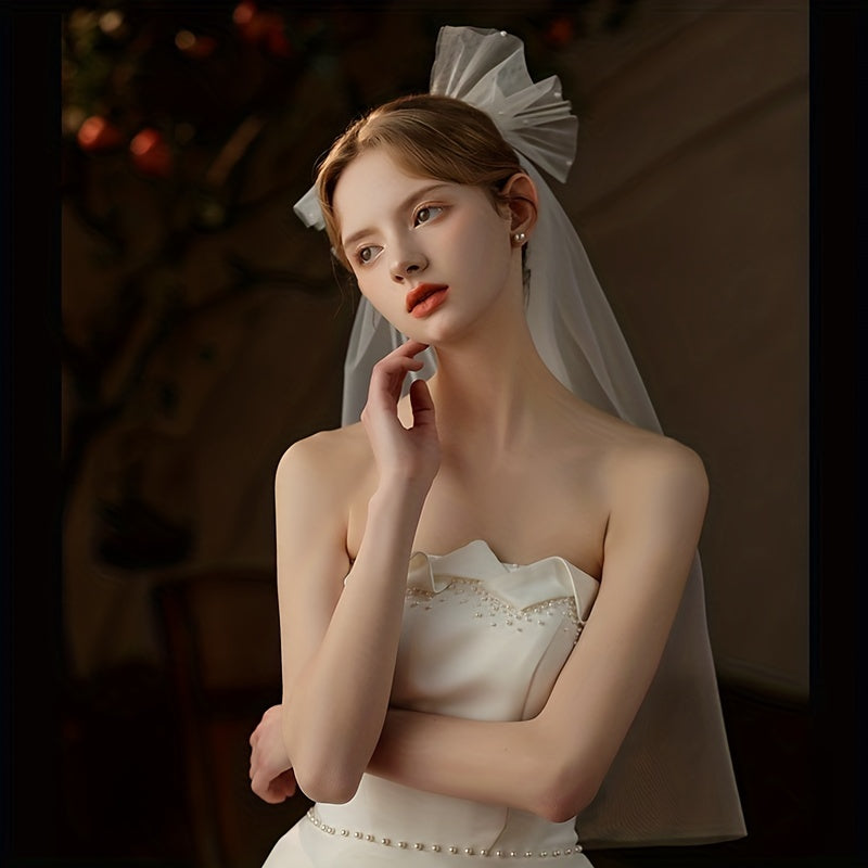 Bow Head Veil With Comb & Pearl Bridal Wedding Hair Accessories