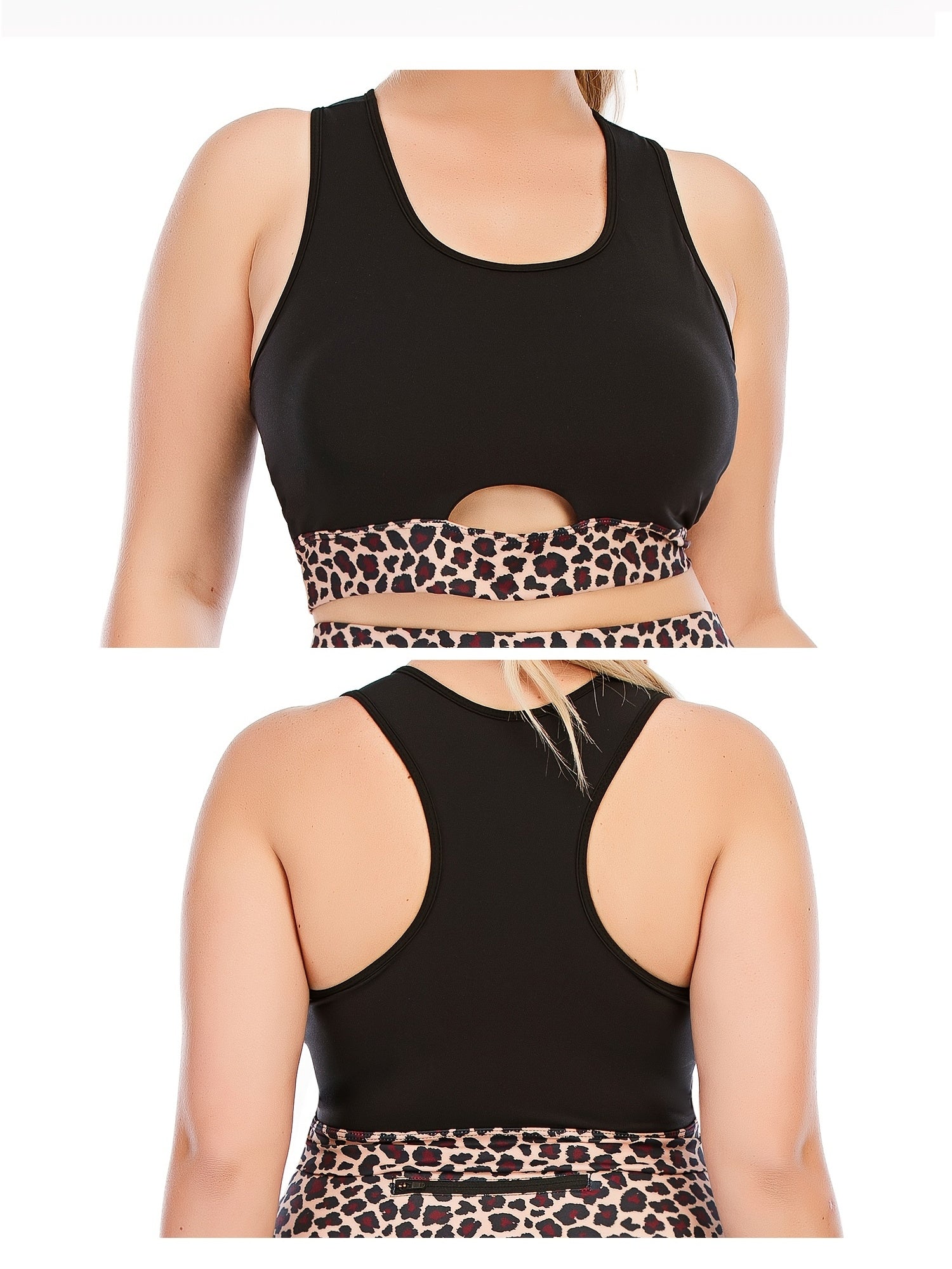 Colorblock Leopard Print Cut Out Sports Bra Plus Size