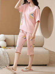 Bunny & Moon Print Pajama Set Short Sleeve Top & Cozy Crop Pants