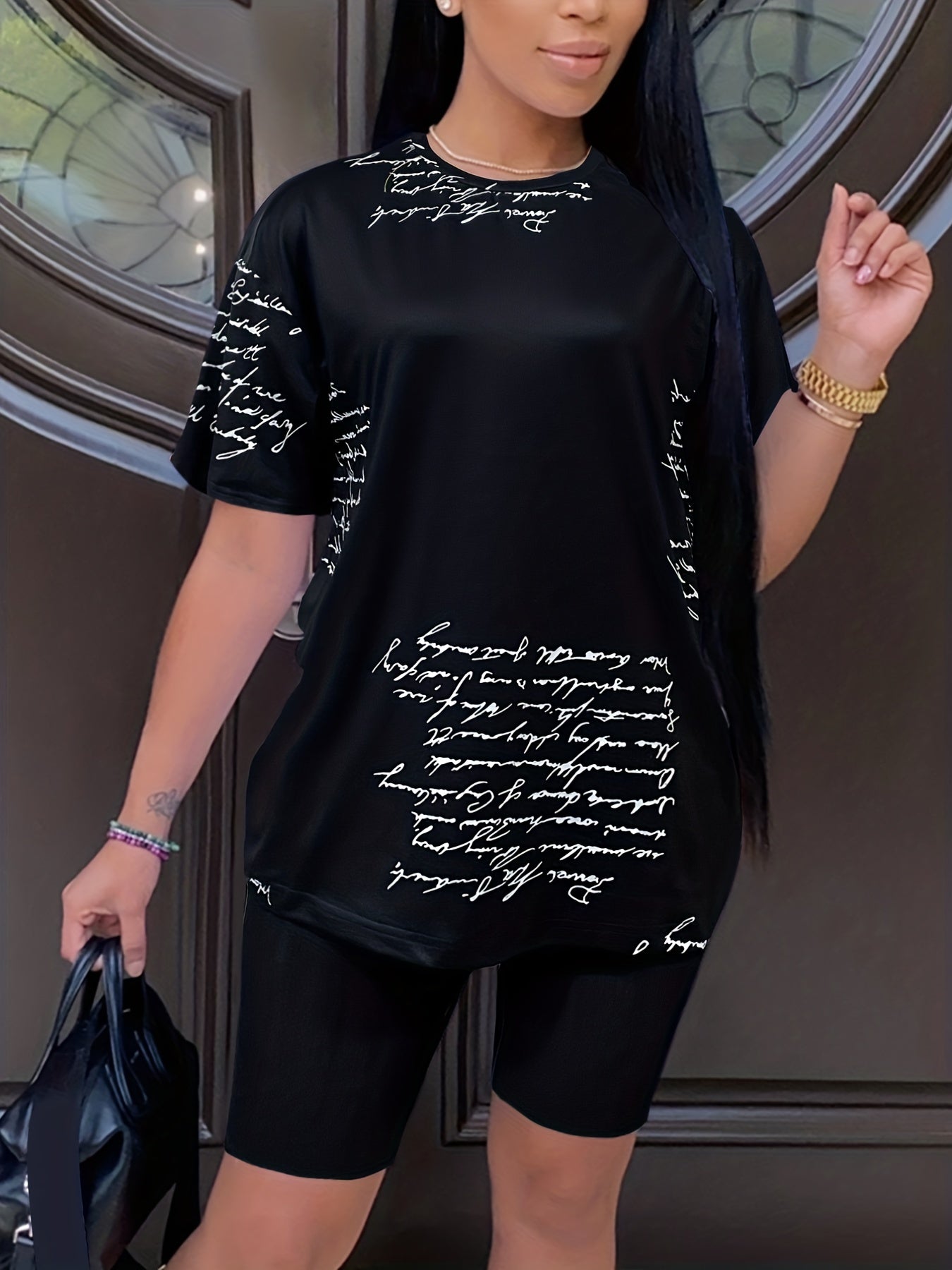 Letter Print Matching Set Short Sleeve T shirt & Biker Shorts