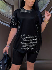Letter Print Matching Set Short Sleeve T shirt & Biker Shorts