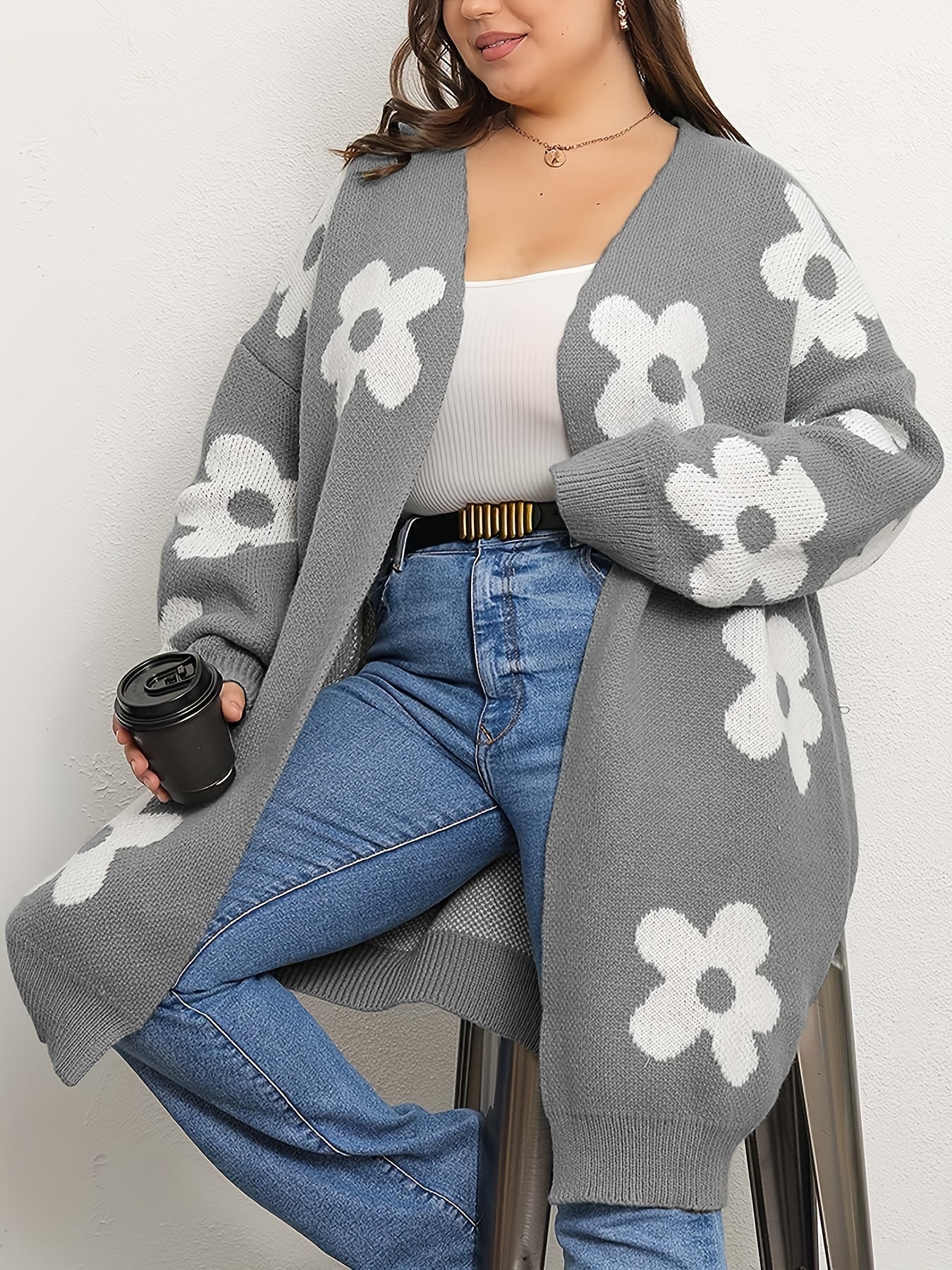 Floral Pattern V-Neck Drop Shoulder Cardigan