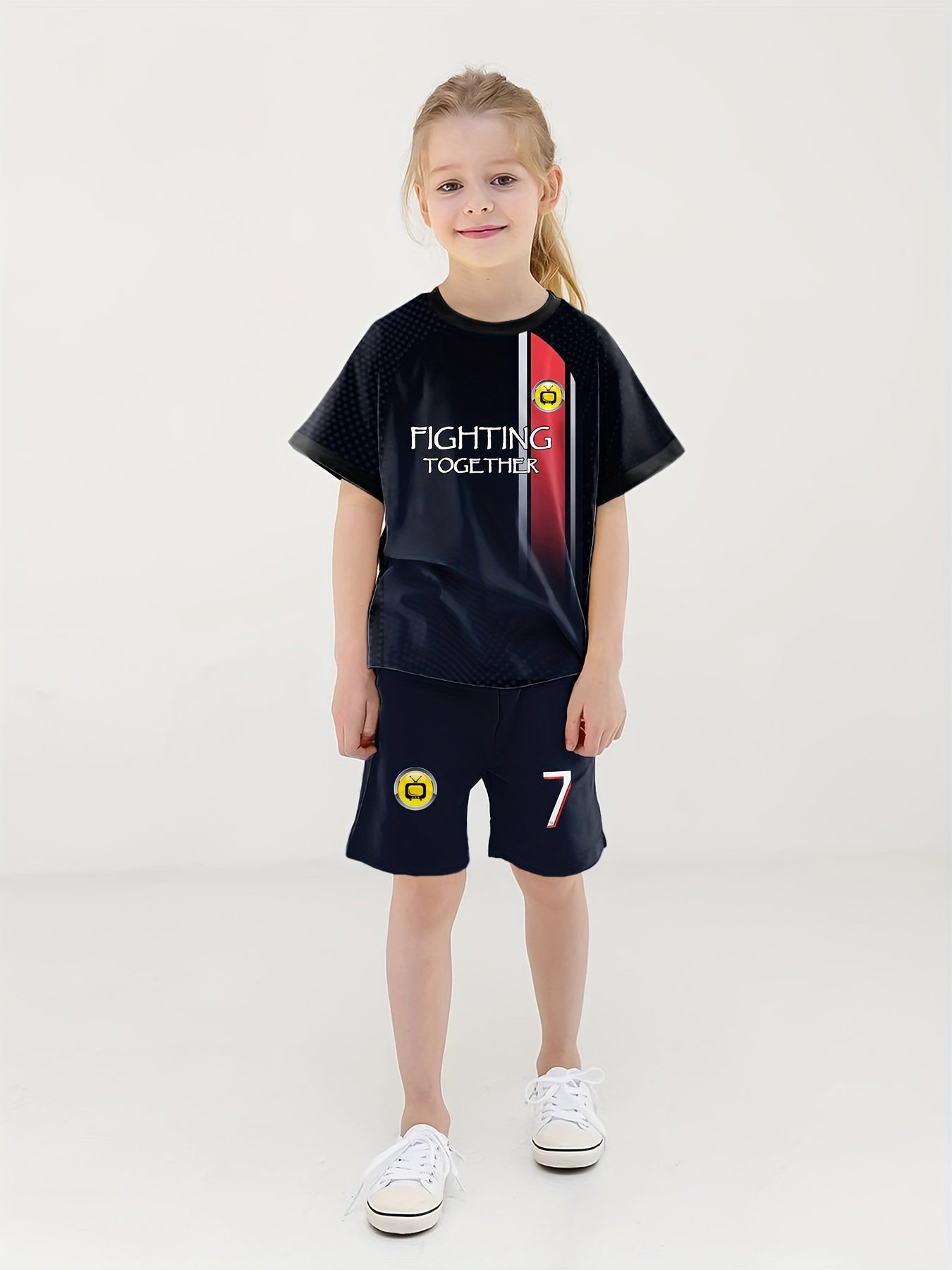 Girls Basketball 2pcs Tee & Shorts Set Breathable Sports Outfit