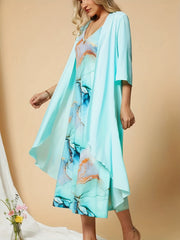 Spring/Summer 2-Piece Set Solid Open Front Coat & Marble Print V-Neck Dress
