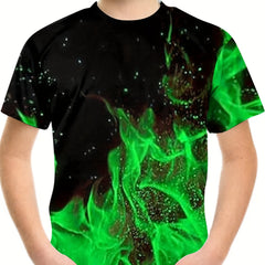 Boy's 3D Green Flame Graphic T Shirt Casual Loose Tee for Summer