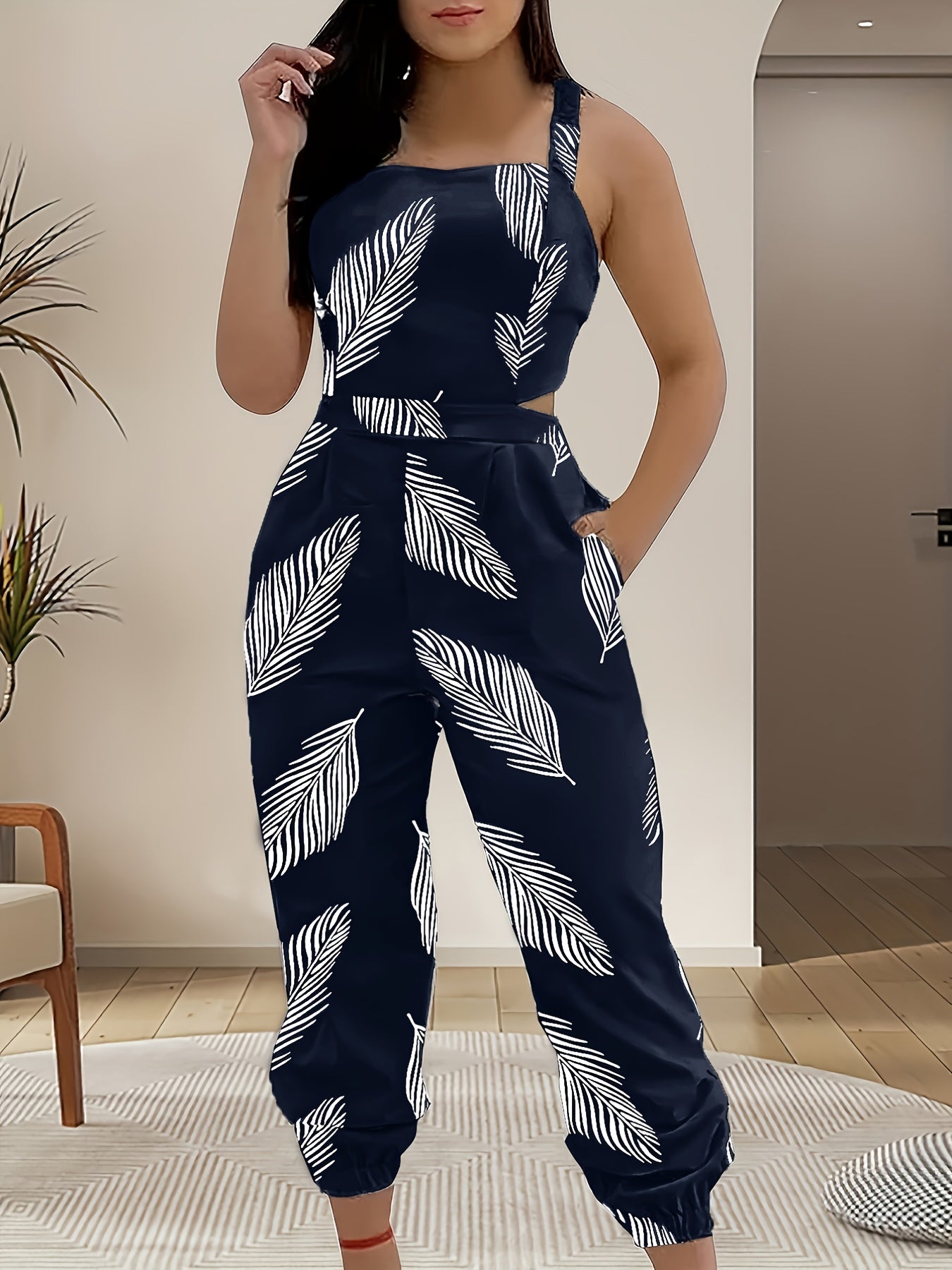 Leaf Print Back Cut Out Jumpsuit Sexy Sleeveless Jumpsuit For Spring & Summer