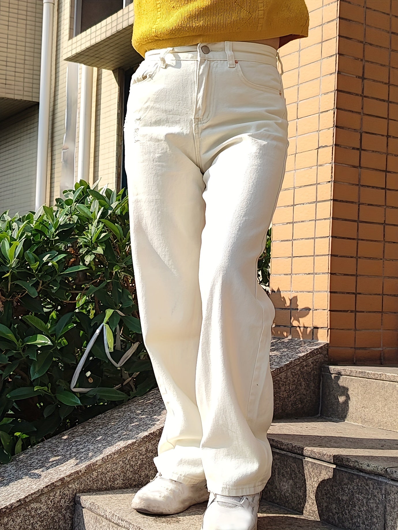 High Waist Straight Jeans Loose Fit Slash Pockets