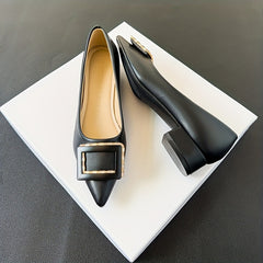 Women's Metallic Buckle Decor Slip-On Shallow Mouth Chunky Heel Shoes