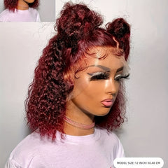 Burgundy Short Curly Bob Human Hair Wigs 180 Density Lace Frontal Wigs