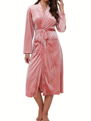 Cozy Fuzzy V-Neck Robe with Belt Women's Loungewear