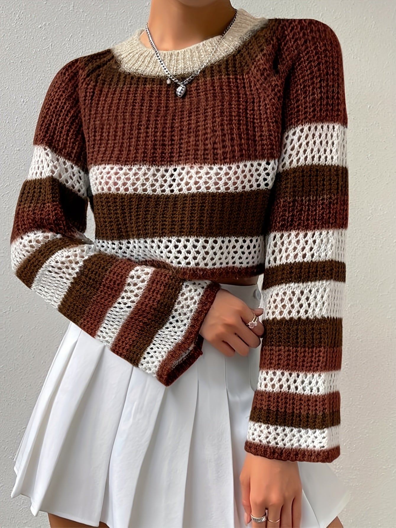 Striped Crew Neck Eyelet Crop Sweater Casual Long Sleeve Raglan Shoulder Sweater