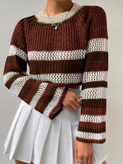 Striped Crew Neck Eyelet Crop Sweater Casual Long Sleeve Raglan Shoulder Sweater