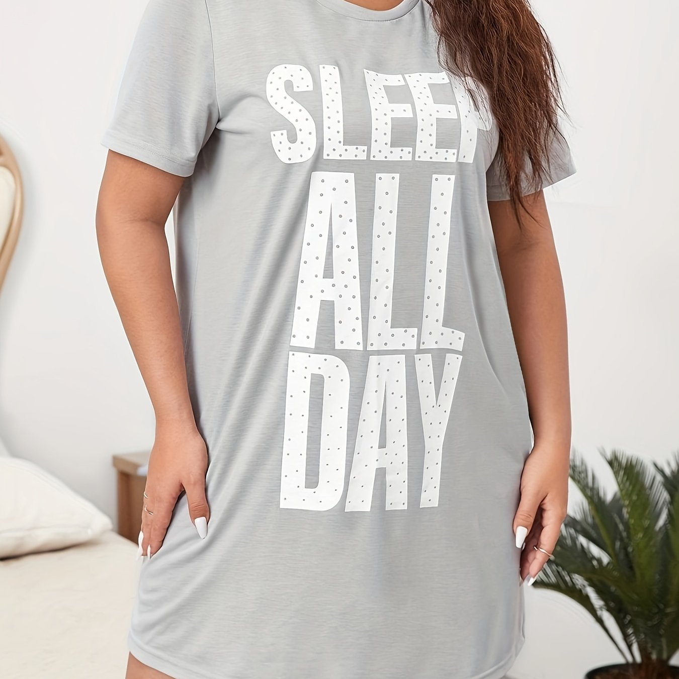 Lounge Dress Women's Plus Polka Dot Letter Print Short Sleeve