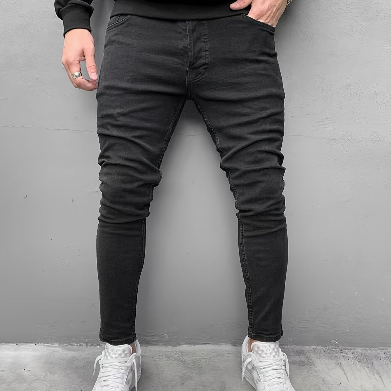 Men's Slim Fit Tapered Jeans Solid Stretch Denim Pants