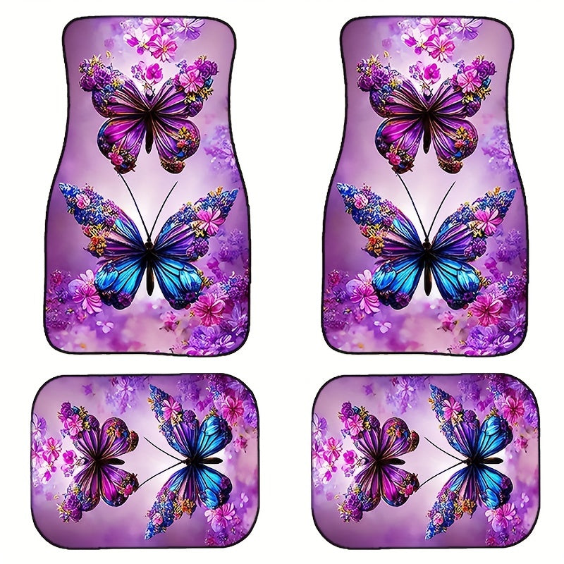4pcs Purple Butterfly Car Floor Mats Absorbent Non-slip Stain Resistant