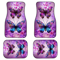 4pcs Purple Butterfly Car Floor Mats Absorbent Non-slip Stain Resistant