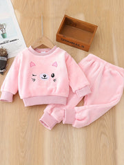 Flannel Kids Outfit Cat Graphic Pullover & Pants Set