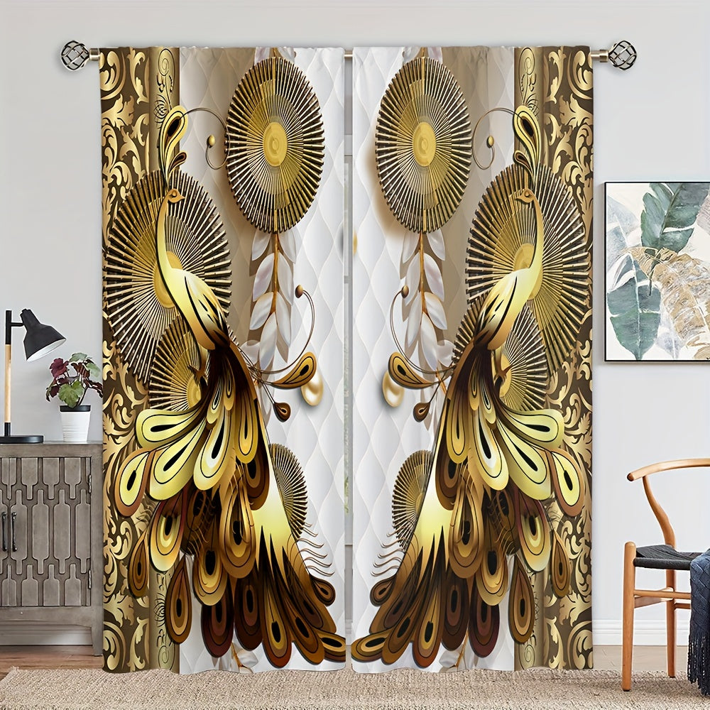 2 Panels Golden Peacock Curtain Rod Pocket Top Window Drapes