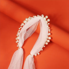 Mesh Long Headband With Faux Pearl Bridal Hair Band