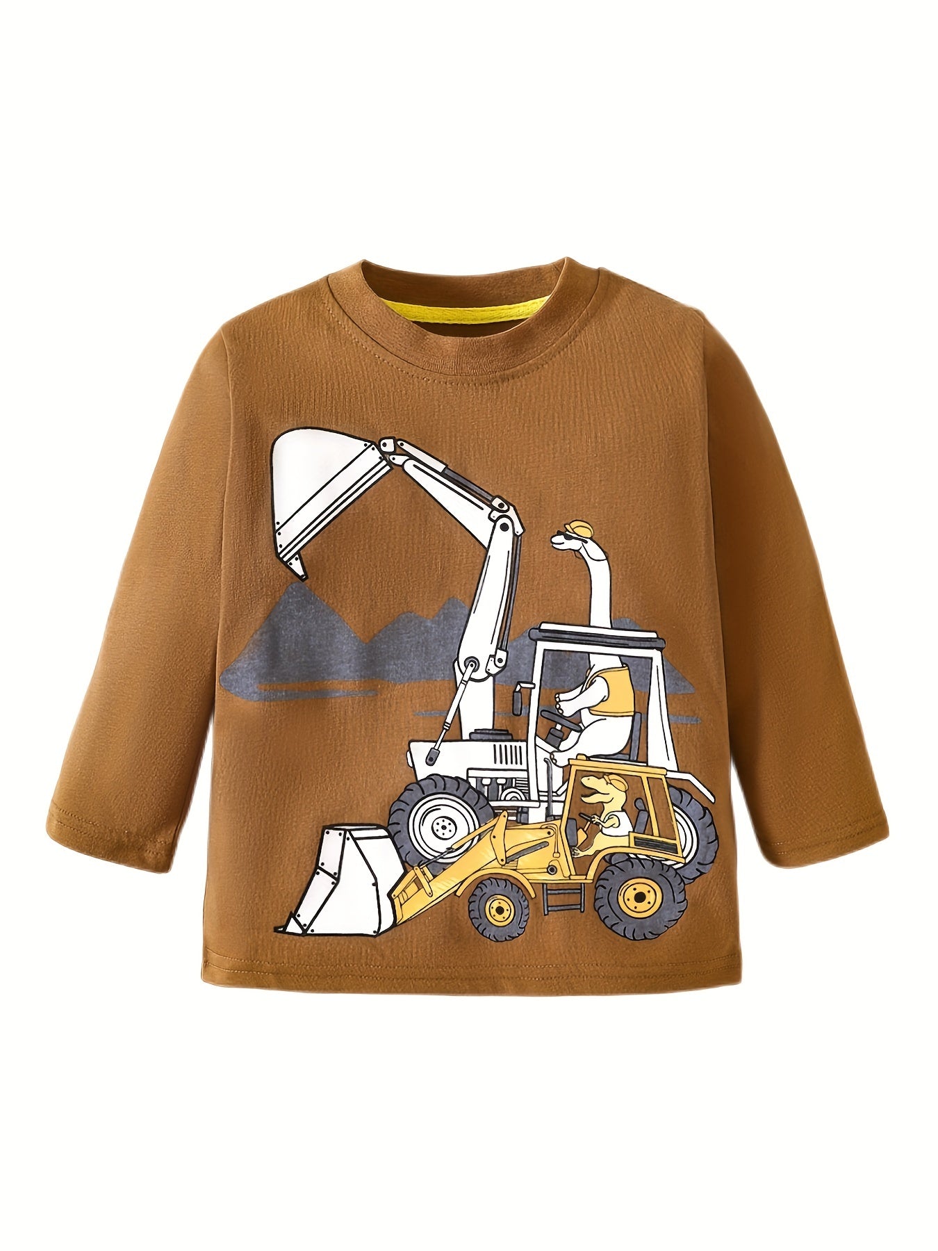 Dino & Excavator Print Boys Sweatshirt Long Sleeve Crew Neck Tops