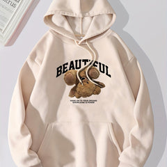 Bear & Letter Print Kangaroo Pocket Hoodie Long Sleeve Drawstring Hoodies