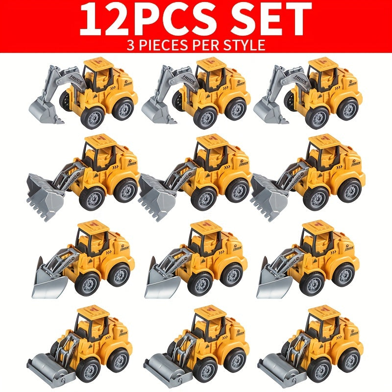 12pcs Engineering Vehicle Children's Toys Excavators Rollers Forklifts