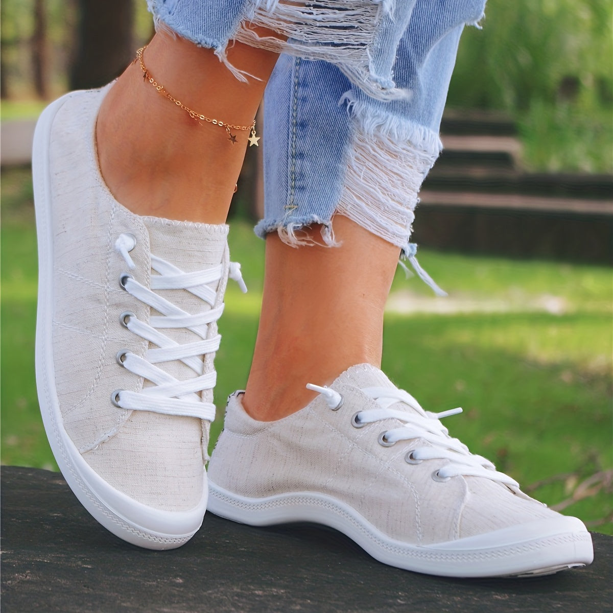 Beige Lace Up Walking Shoes Non Slip Flat Comfortable Skate Shoes Women's Footwe