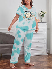 Tie Dye & Cartoon Print Pajama Set