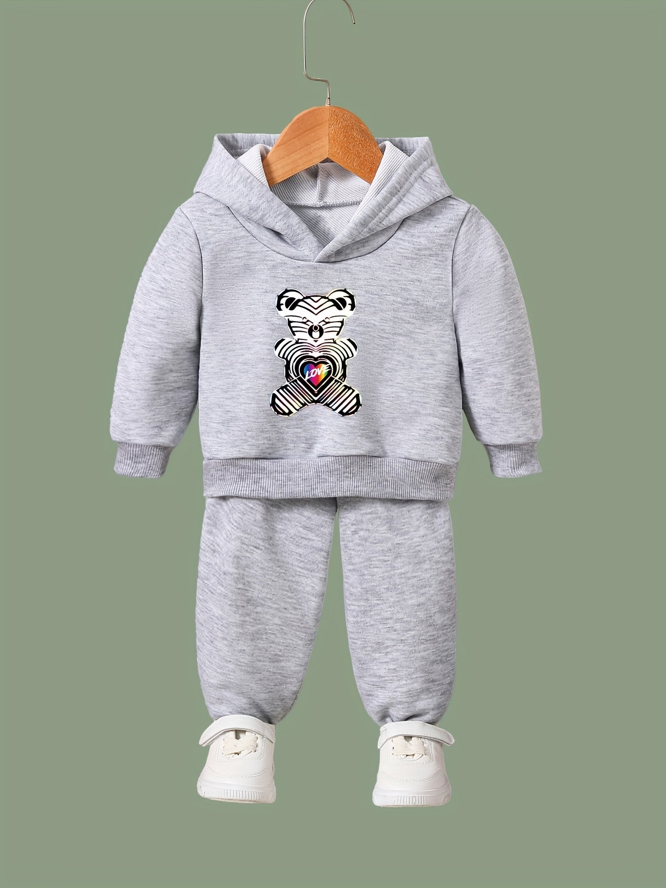 Cartoon Love Bear Print Hooded Pullover Pants Set For Sports