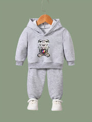 Cartoon Love Bear Print Hooded Pullover Pants Set For Sports