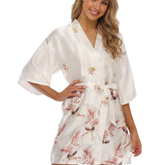 Crane Print Night Robe Long Sleeve V Neck Robe With Belt Women's Sleepwear