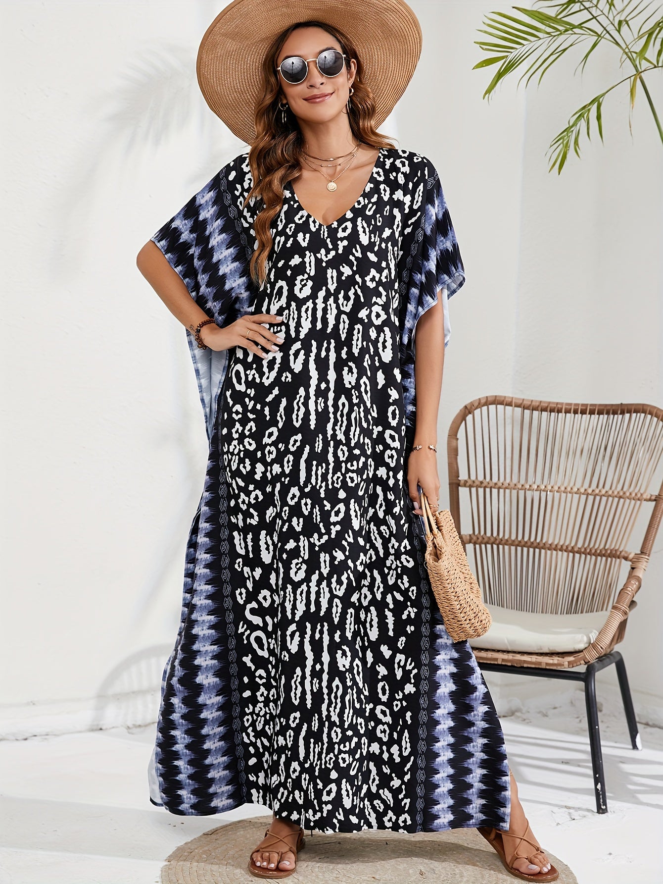 Boho Leopard & Tie Dye Maxi Split Cover Up Dress
