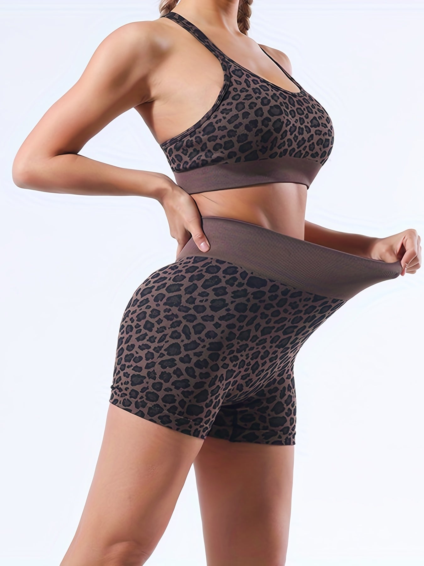 Leopard Print Yoga Set Criss Cross Sports Bra High Waist Shorts Activewear