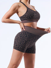 Leopard Print Yoga Set Criss Cross Sports Bra High Waist Shorts Activewear