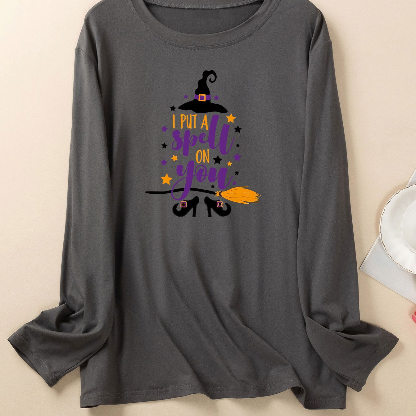 Women's Plus Size Halloween Lounge Witch Hat & Broom Print Long Sleeve Top