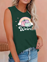 Cat & Rainbow Print Round Neck Tank Top